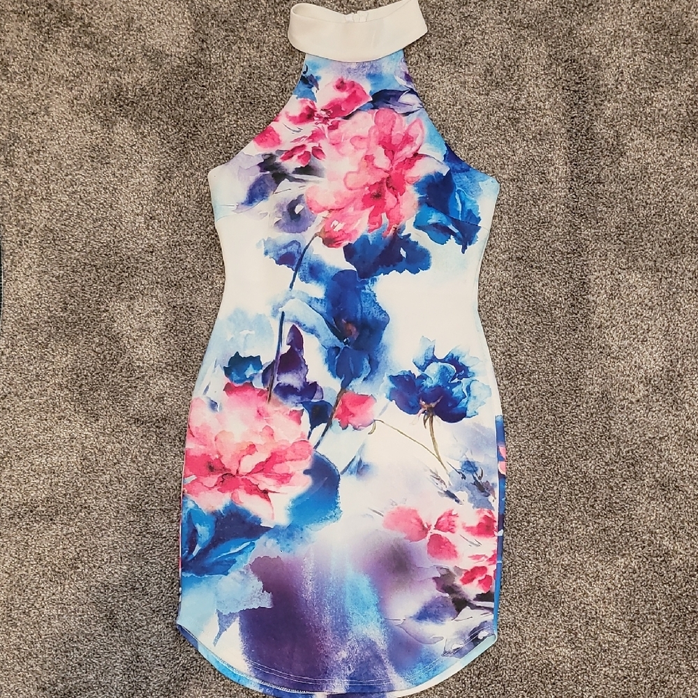 Floral Halter Dress with Pink and Blue Design